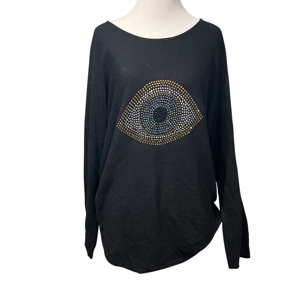 Rachel Zoe Black Crewneck Sweater with Studded Eye Motif